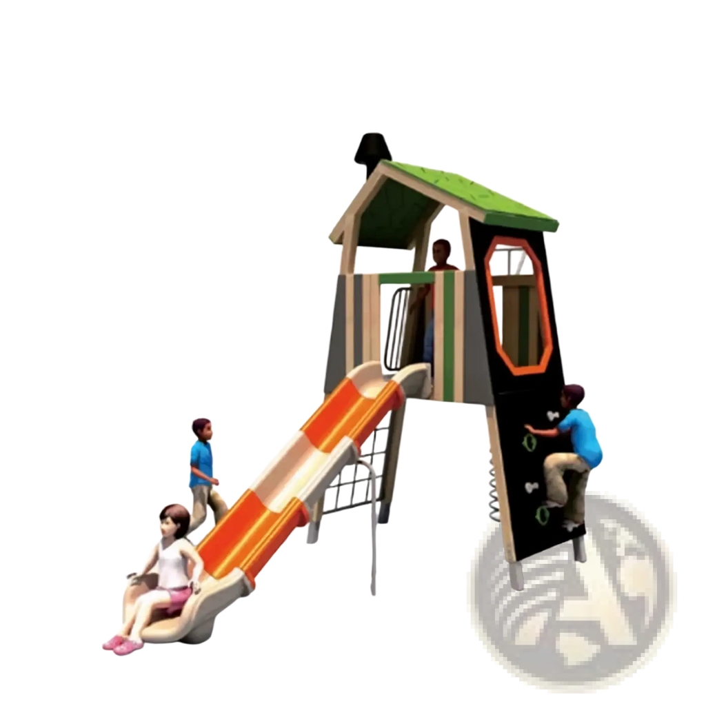 Commercial outdoor playground equipment featuring a colorful wooden structure with a green roof slide and climbing wall