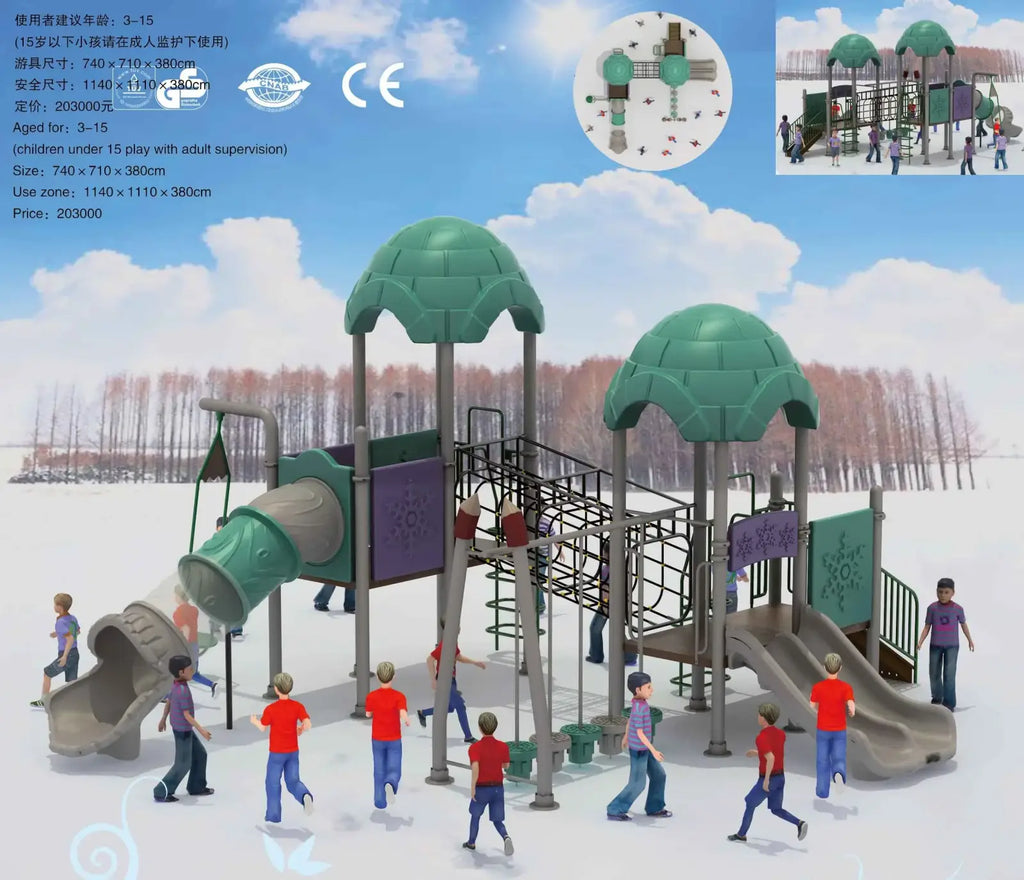 Commercial outdoor playground equipment featuring a green dome top with gray slides and climbing structures