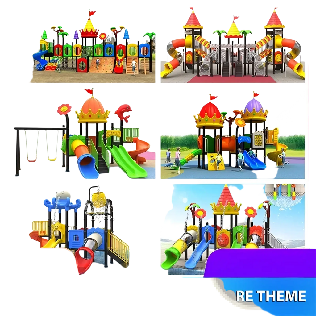 Colorful castle-themed commercial outdoor playground equipment with plastic slides and climbing features for children