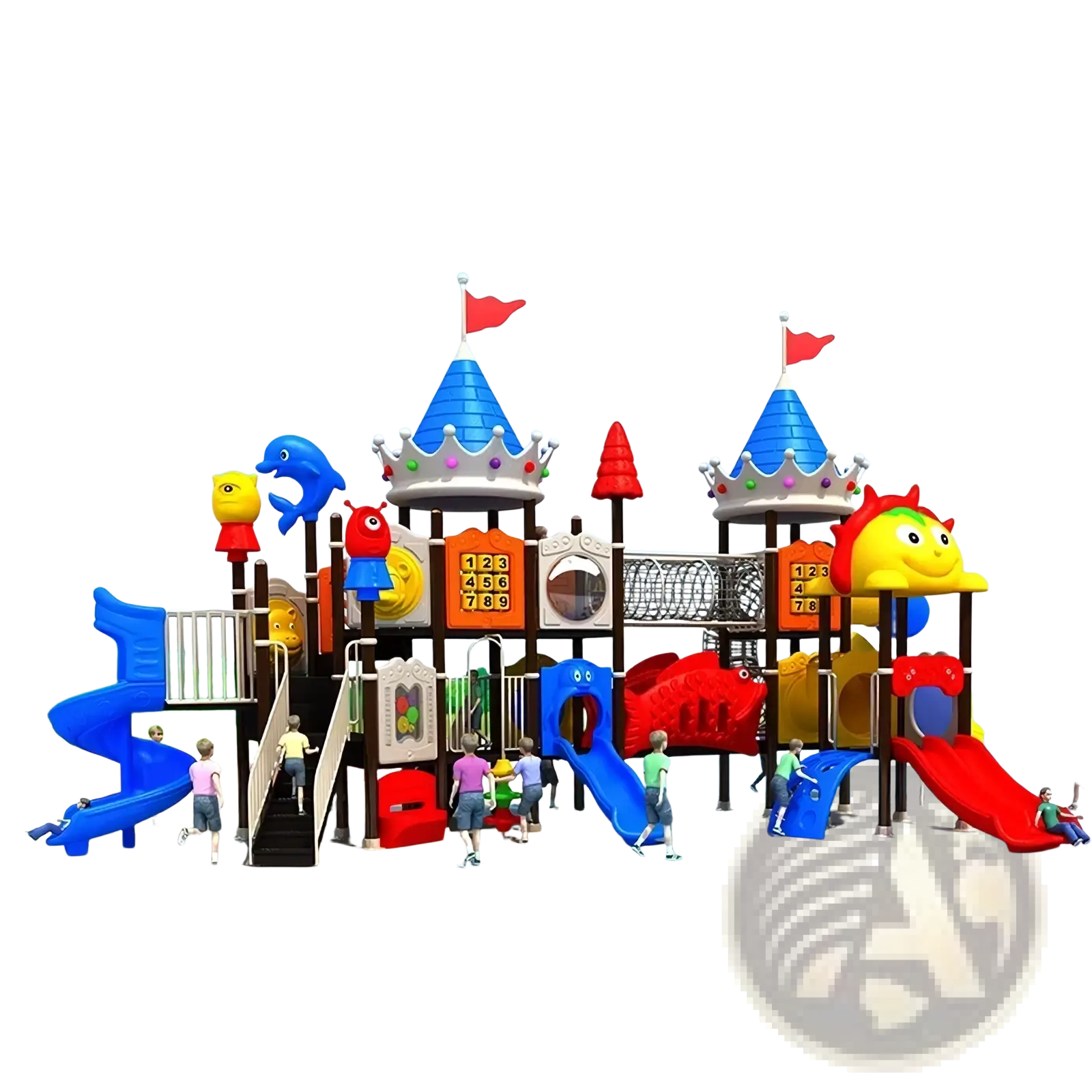 Commercial outdoor playground equipment with colorful plastic slides blue red yellow and dolphin sun decorations