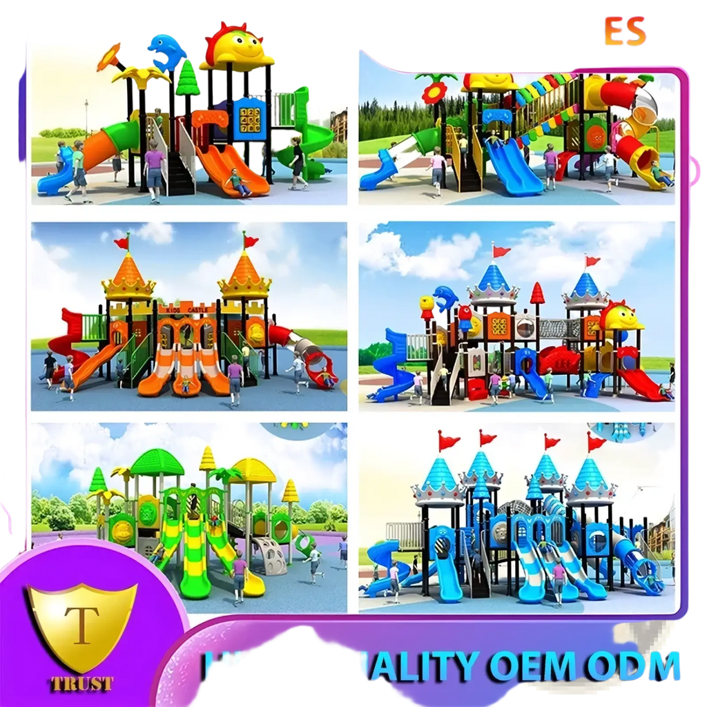 Commercial outdoor playground equipment featuring colorful plastic slides climbing and thematic dolphin castle sun designs