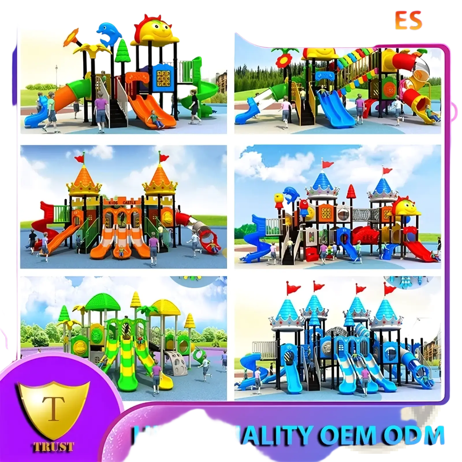 Commercial outdoor playground equipment featuring colorful plastic slides climbing and thematic dolphin castle sun designs