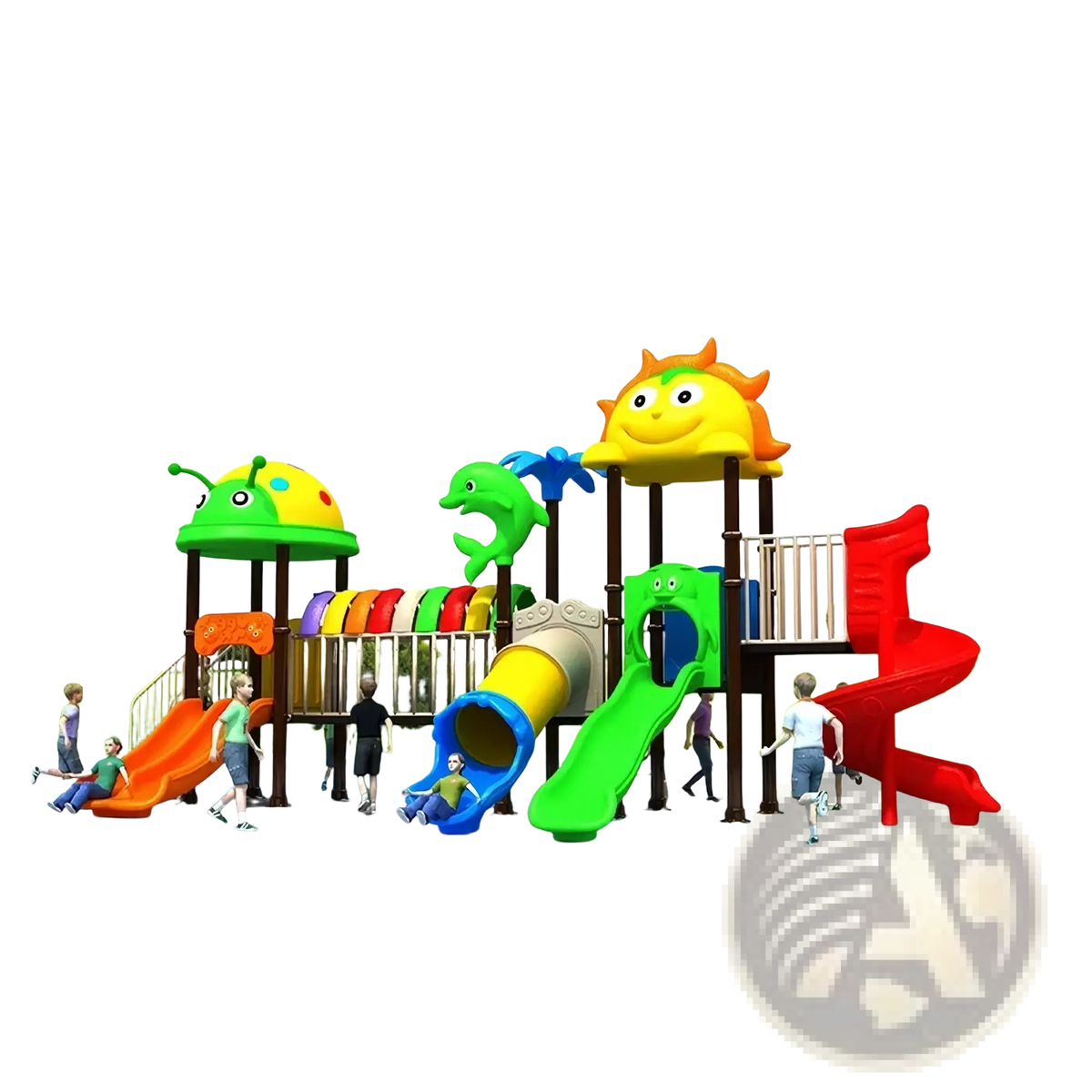 Colorful commercial outdoor plastic playground equipment with slides and cartoon-themed climbing features