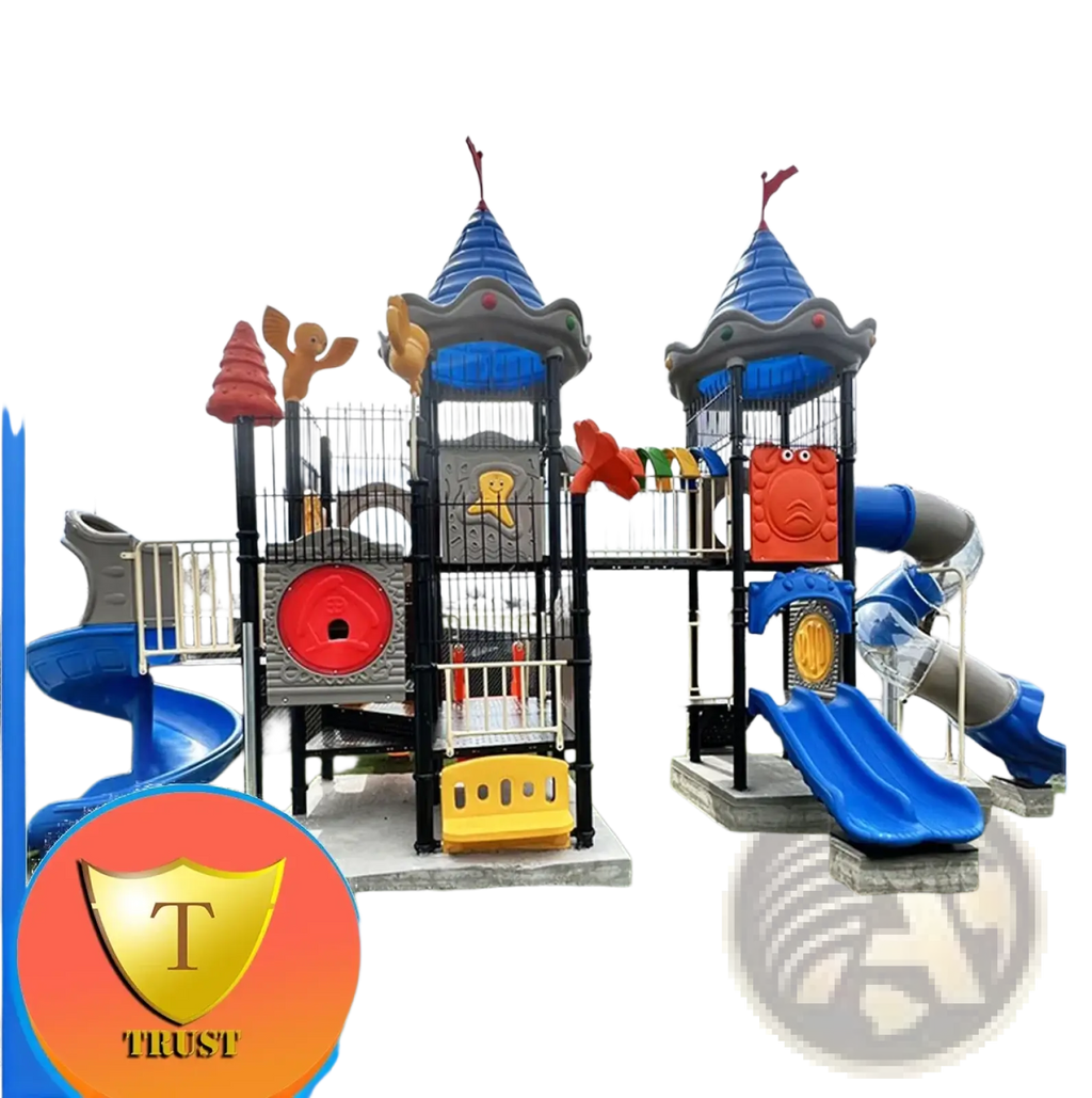 Commercial outdoor playground equipment made of colorful plastic featuring blue slides and castle-like towers