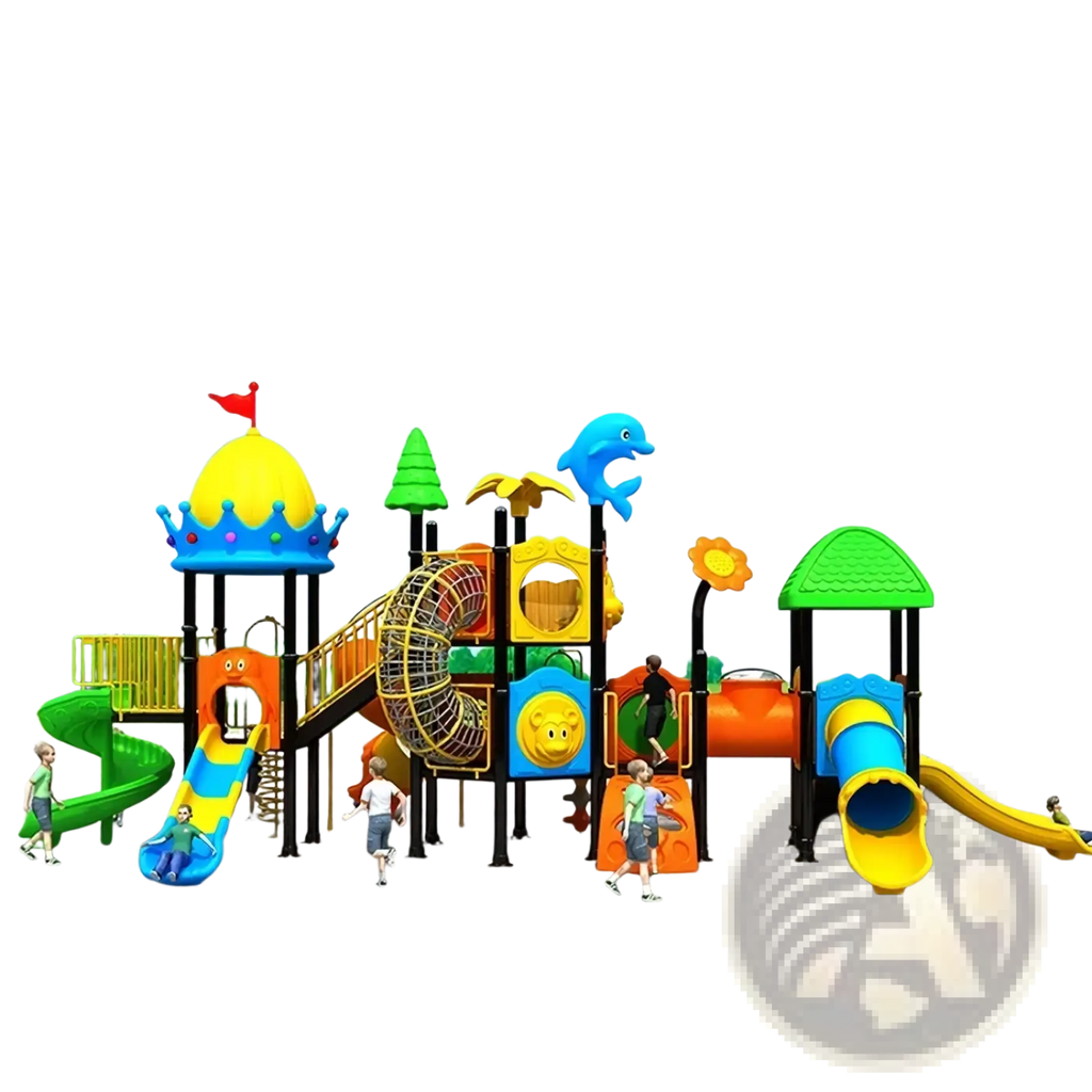 Colorful plastic commercial outdoor playground equipment with slides climbing walls and animal-themed decorations