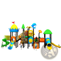 Colorful plastic commercial outdoor playground equipment with slides climbing walls and animal-themed decorations