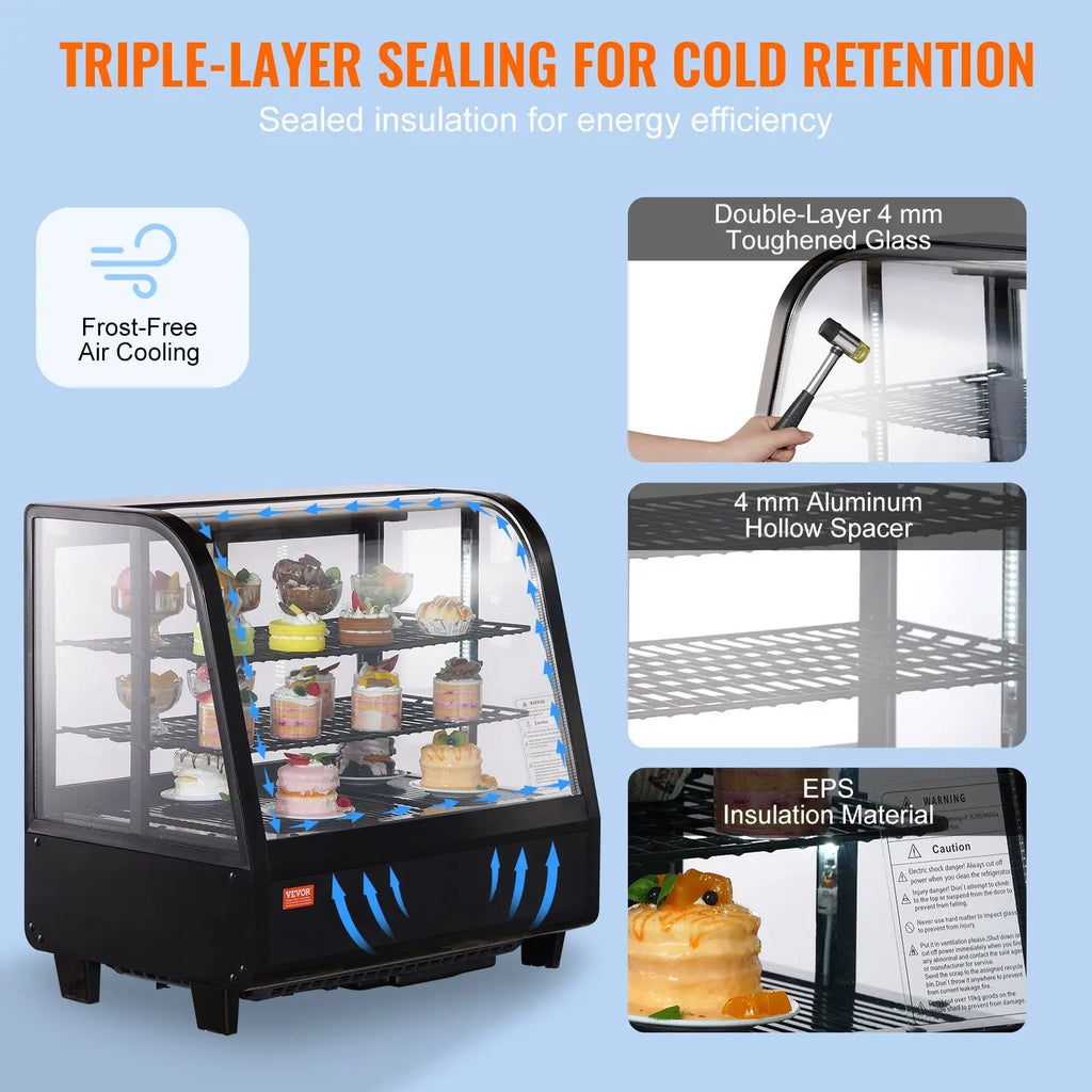 Black commercial refrigerated pastry display case 3.5 cu ft with triple-layer sealed design and double-layer toughened glass