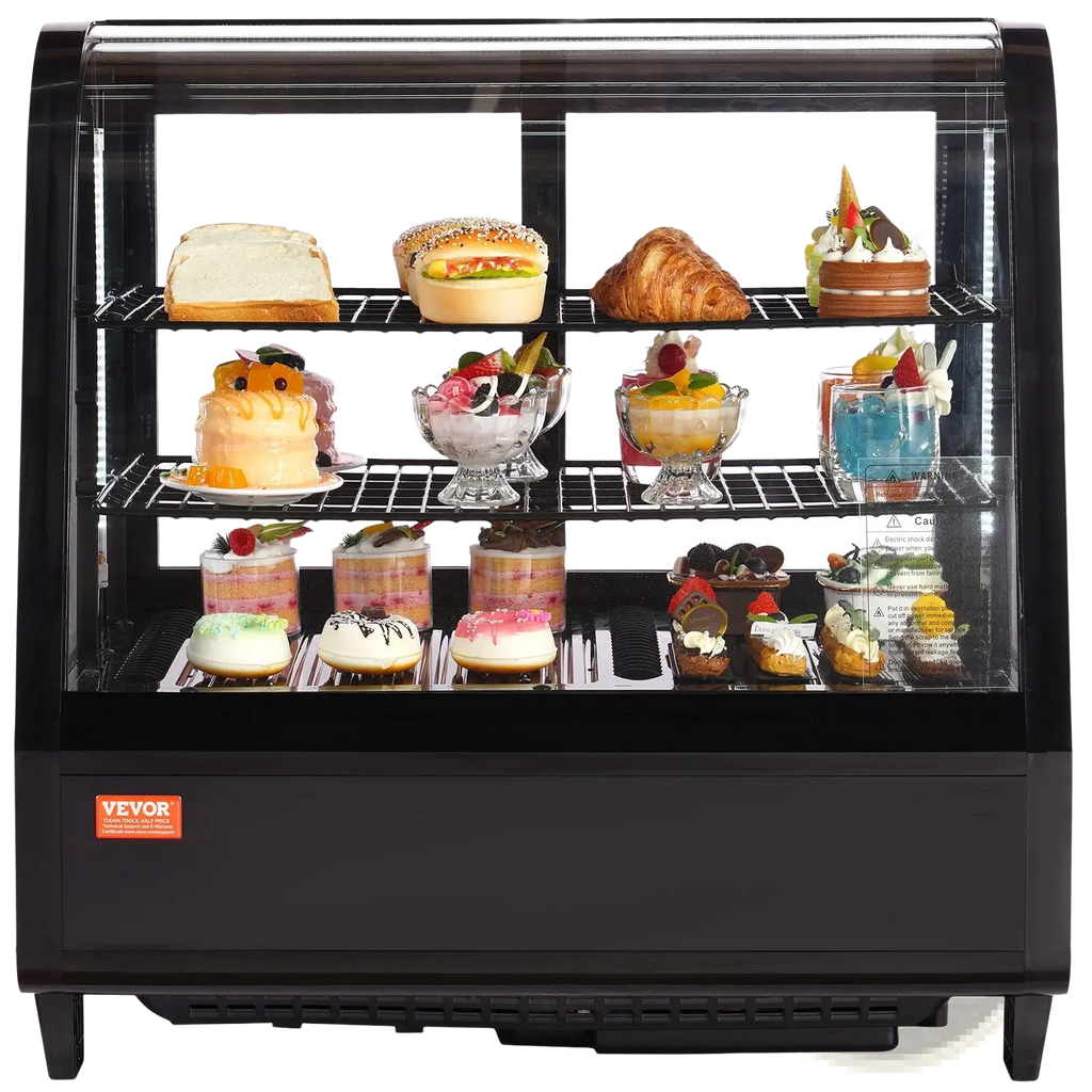 Black vevor two-door glass commercial refrigerated pastry display case 3.5 cu ft showcasing assorted desserts