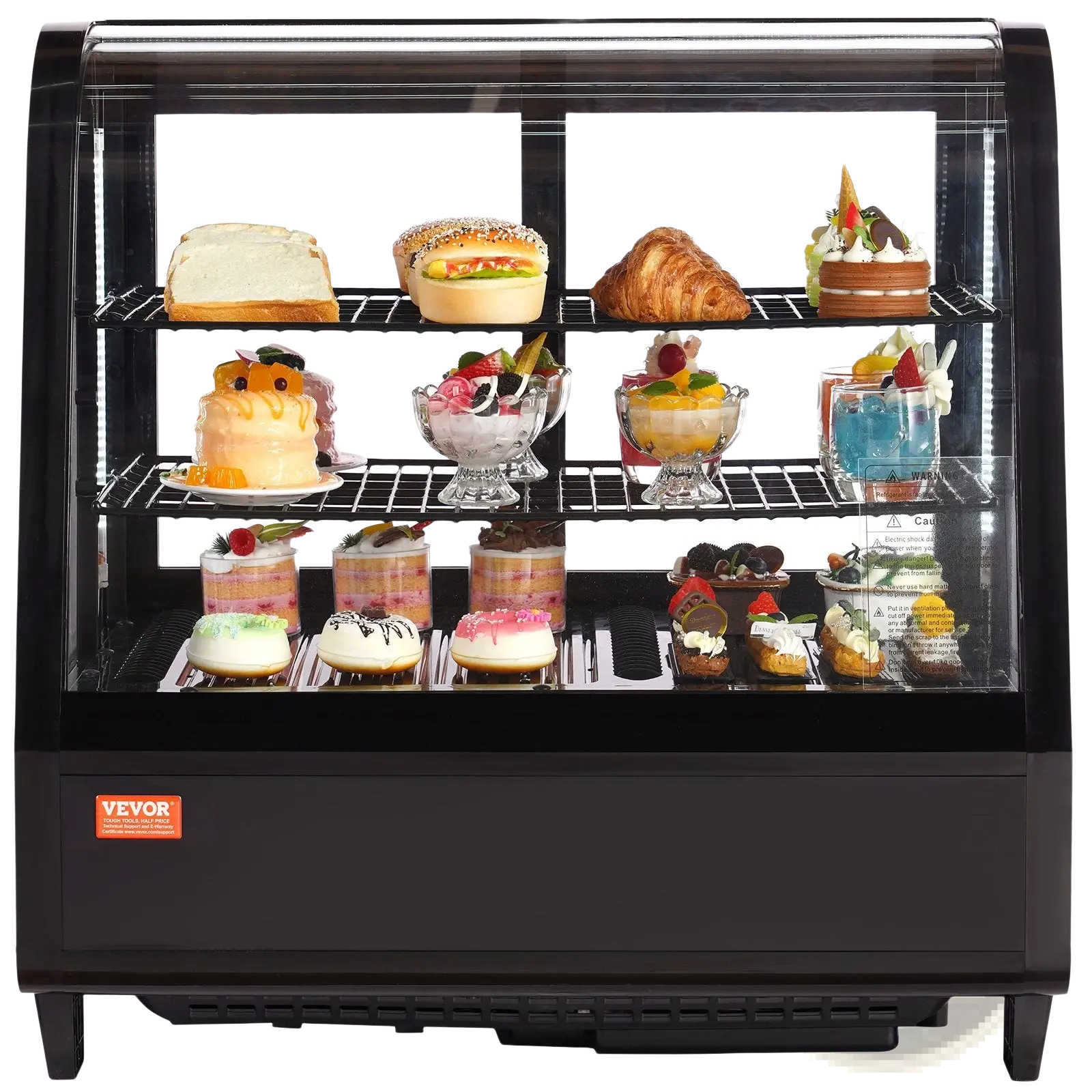 Black vevor two-door glass commercial refrigerated pastry display case 3.5 cu ft showcasing assorted desserts