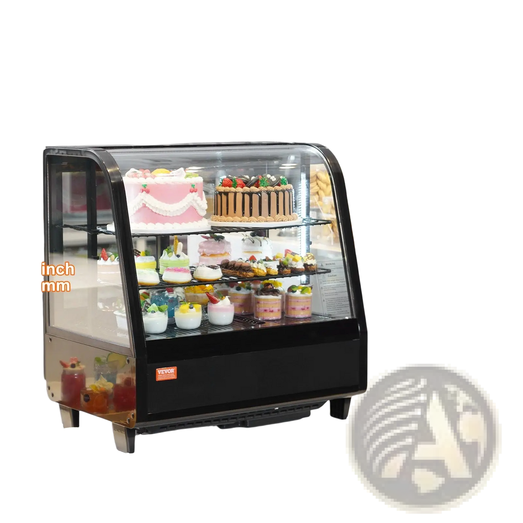 Black vevor commercial refrigerated pastry display case with curved glass front and three shelves showcasing cakes