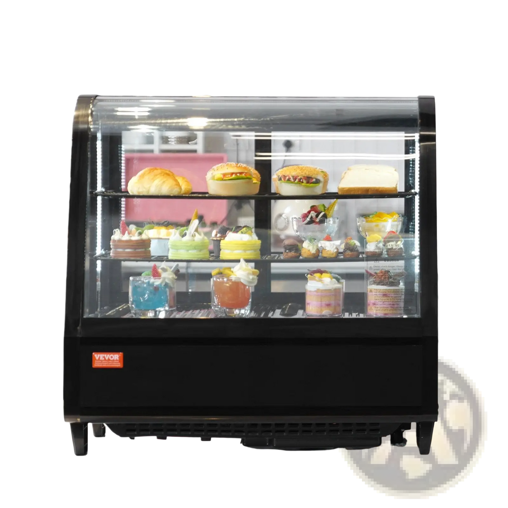Black vevor commercial refrigerated pastry display case 3.5 cu ft with glass front and shelves showcasing desserts and beverages