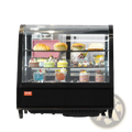 Black vevor commercial refrigerated pastry display case 3.5 cu ft with glass front and shelves showcasing desserts and beverages