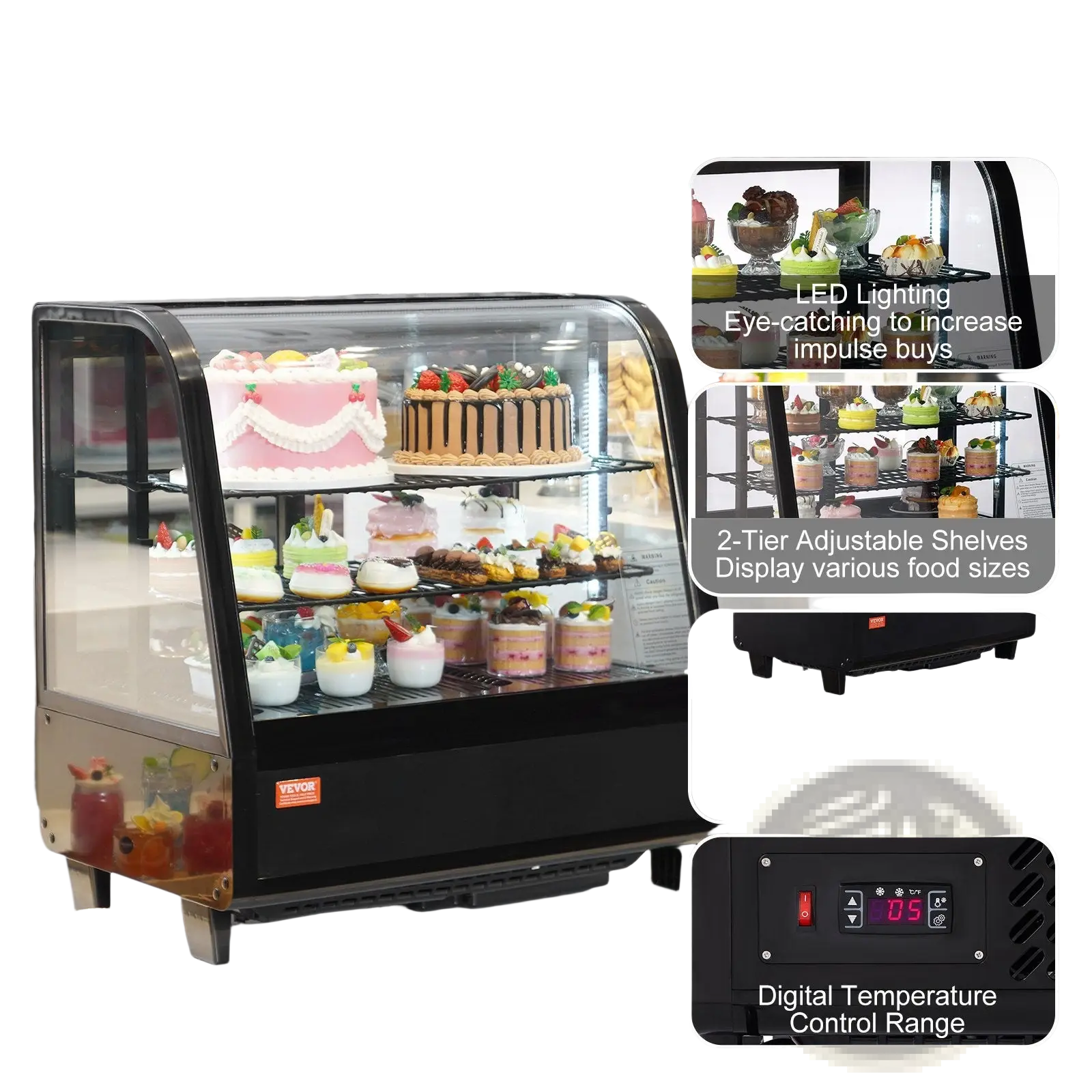 Commercial refrigerated pastry display case 3.5 cu.ft black and stainless steel two-tier adjustable with led lighting for cakes