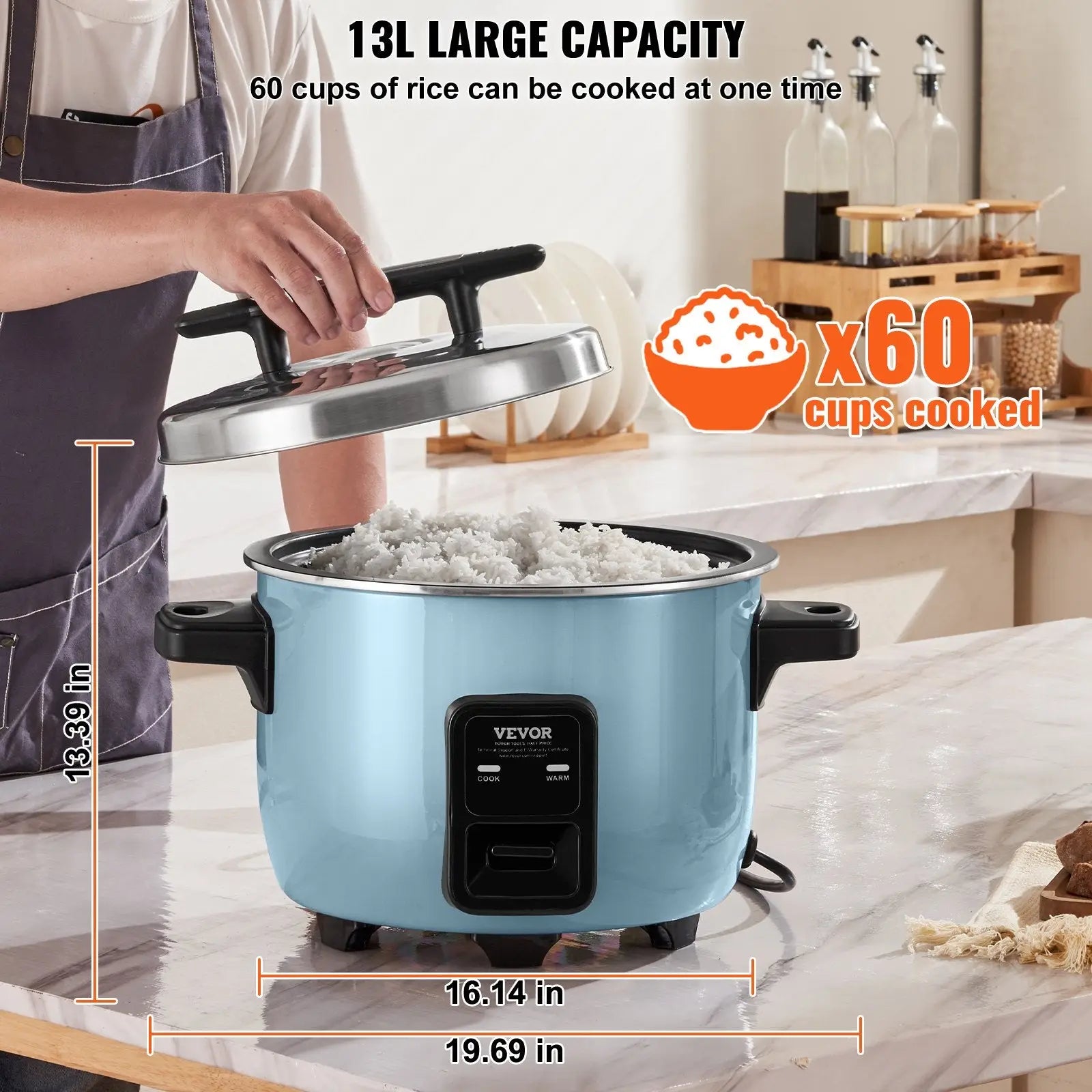 Light blue vevor commercial rice cooker with black handles and stainless steel lid for cooking 60 cups of rice