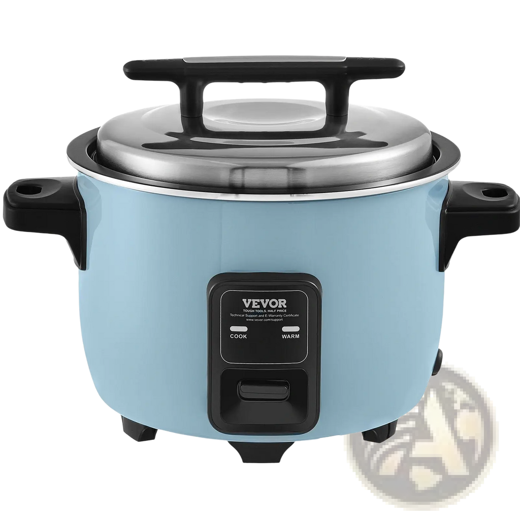 Commercial rice cooker 60 cup 13L with light blue vevor body black handles and stainless steel lid non stick pot