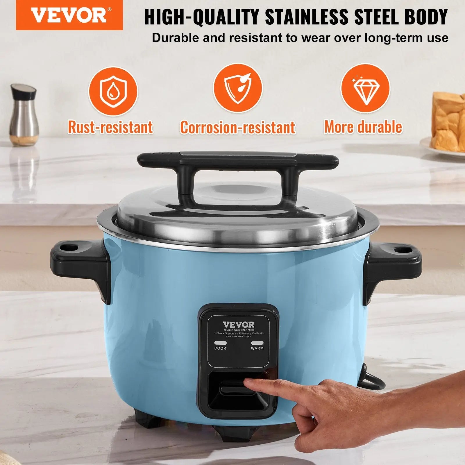 Light blue Vevor commercial rice cooker 60 cup 13l with stainless steel body, black handles, and control panel for cook and warm settings