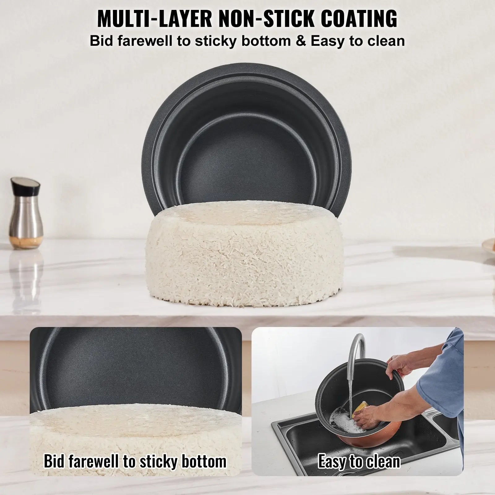 Black multi-layer non-stick commercial rice cooker pot with textured white coated interior base for 70 cup 15l Vevor model