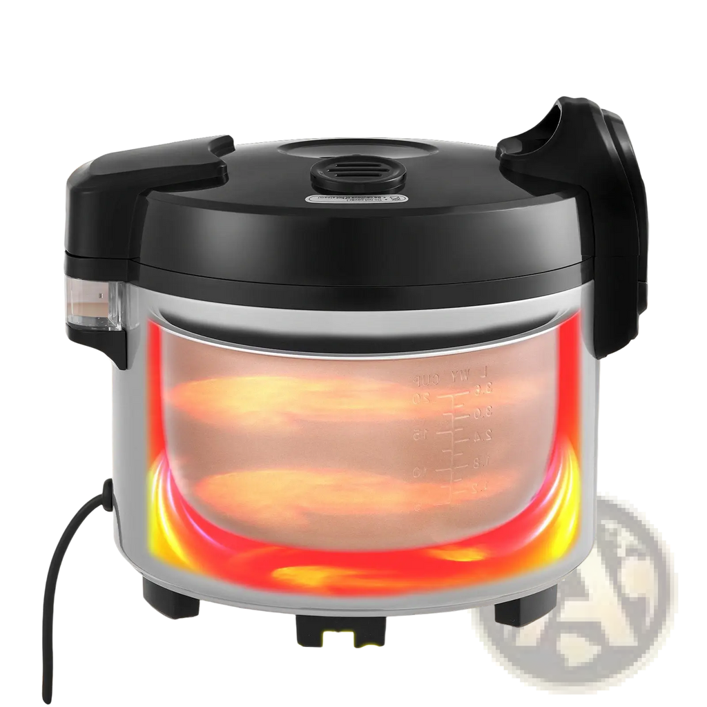 Black and silver commercial rice cooker 70 cup 15l with 3d heating and transparent side panel showing even heat distribution