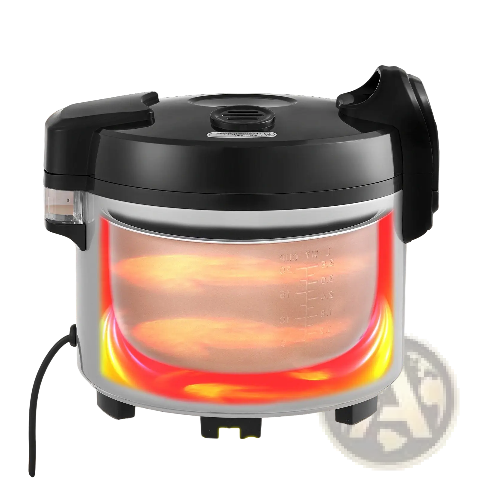 Black and silver commercial rice cooker 70 cup 15l with 3d heating and transparent side panel showing even heat distribution