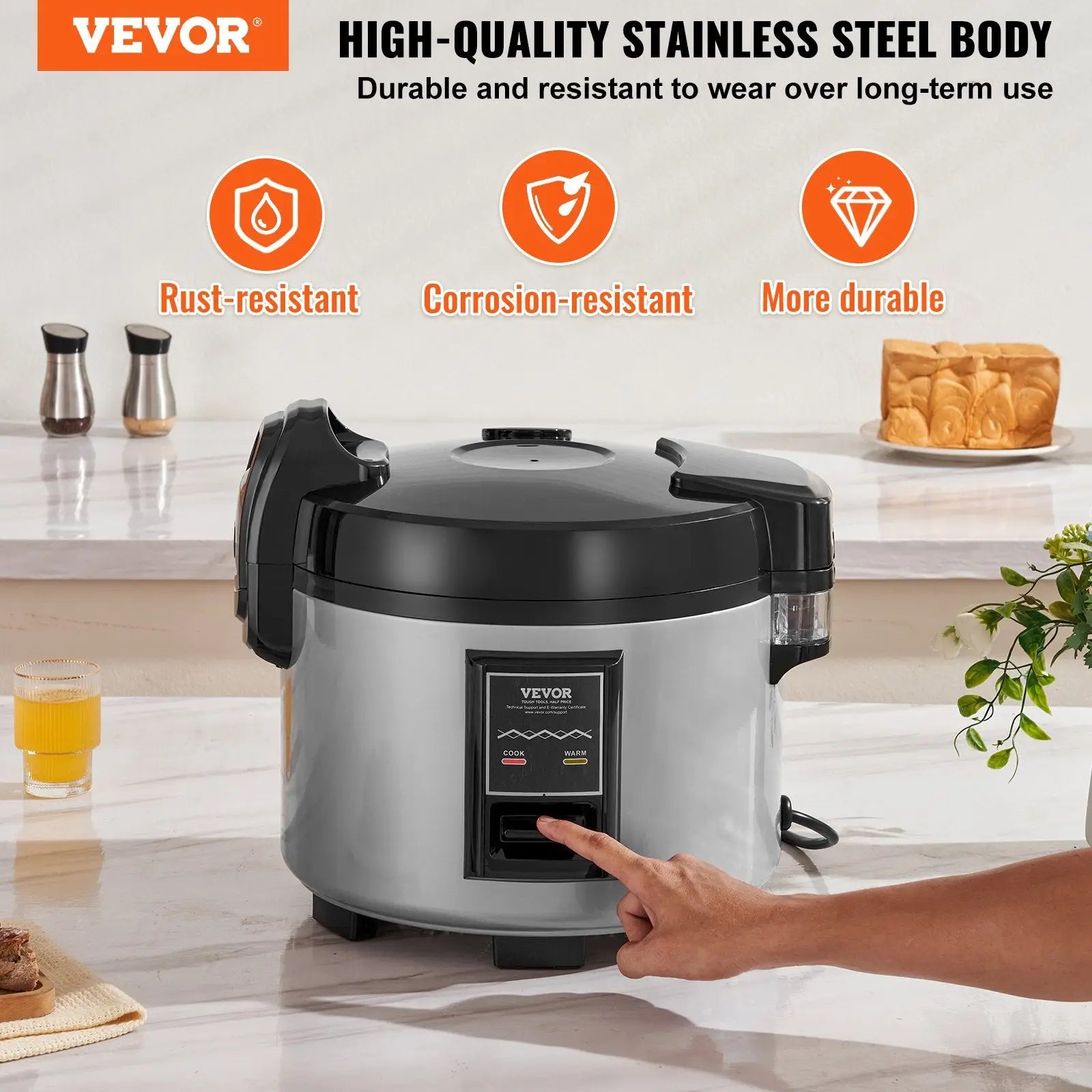 Silver and black vevor commercial rice cooker 70 cup 15l with stainless steel body and 3d heating technology