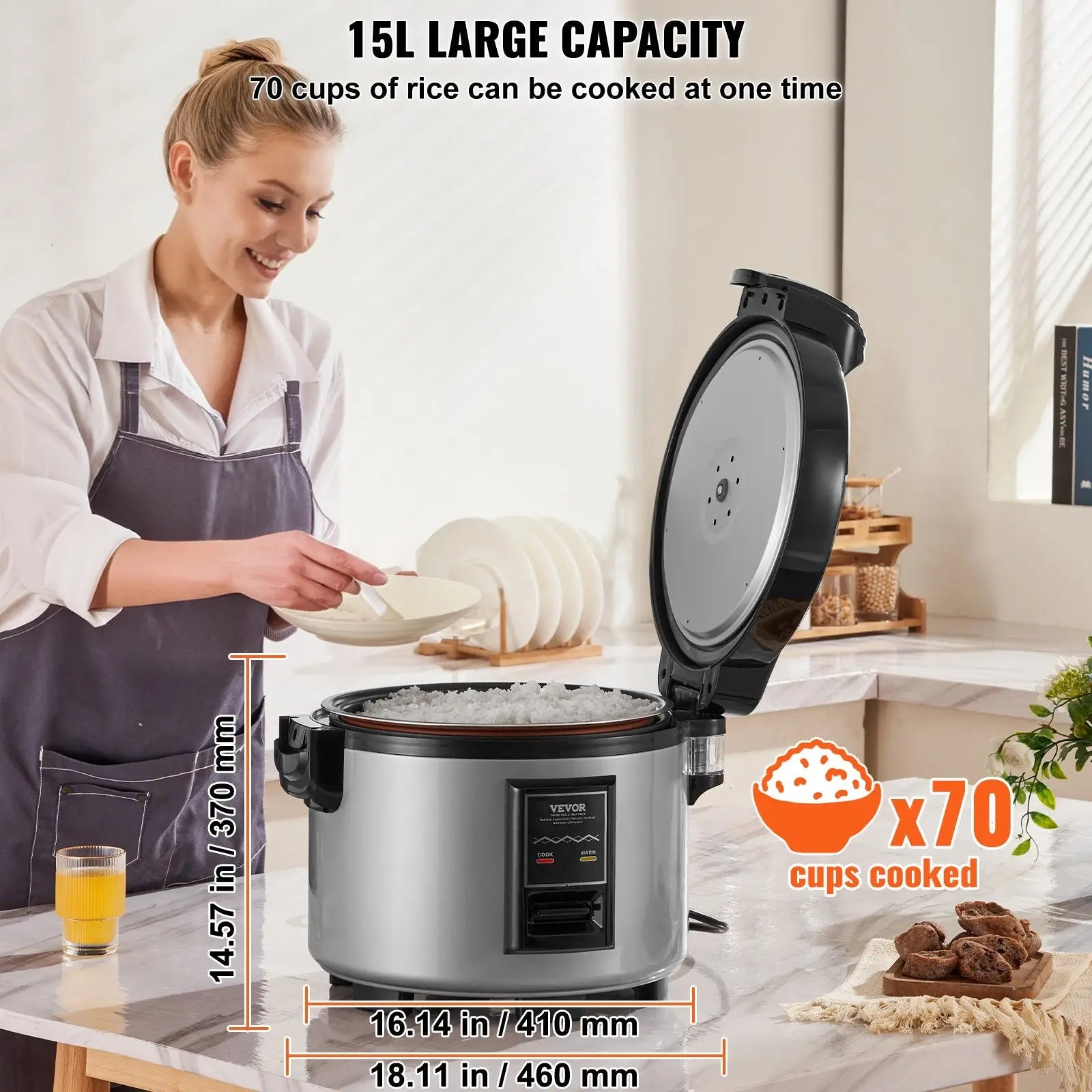 Silver and black vevor commercial rice cooker 15l with 3d heating and 70 cup large capacity for bulk cooking