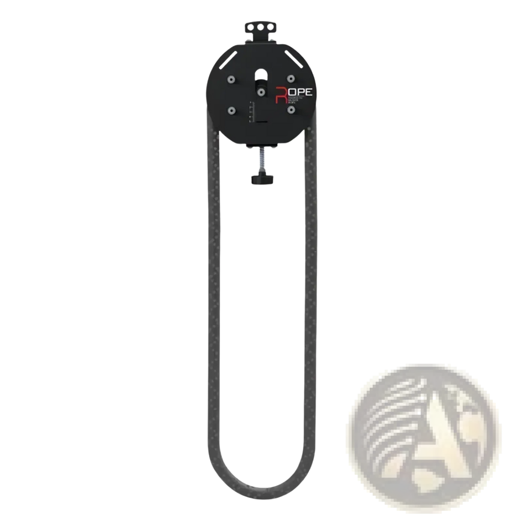 Black carbon fiber rope with circular metal mounting plate featuring rope logo for commercial rope climbing machine adjustable resistance