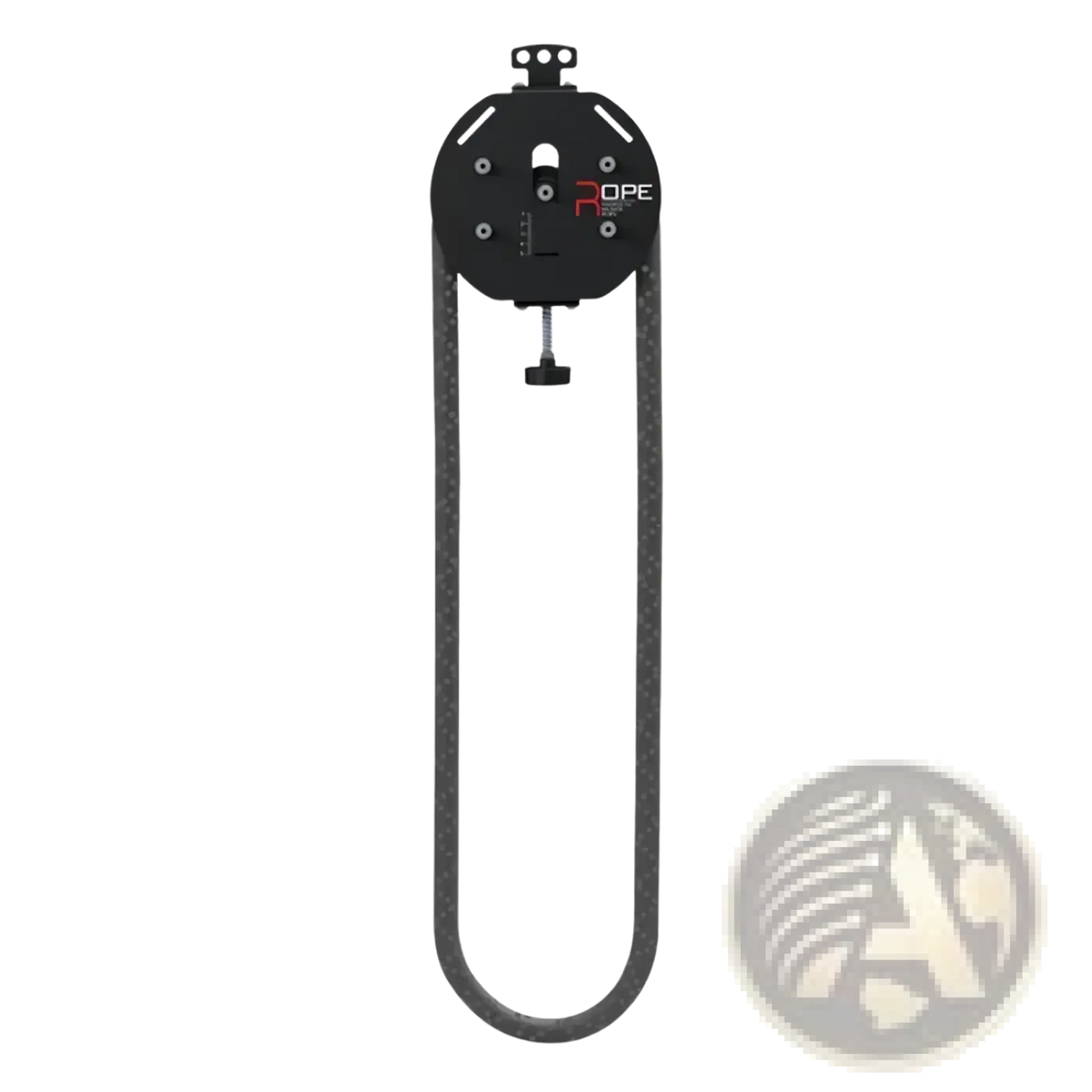 Black carbon fiber rope with circular metal mounting plate featuring rope logo for commercial rope climbing machine adjustable resistance