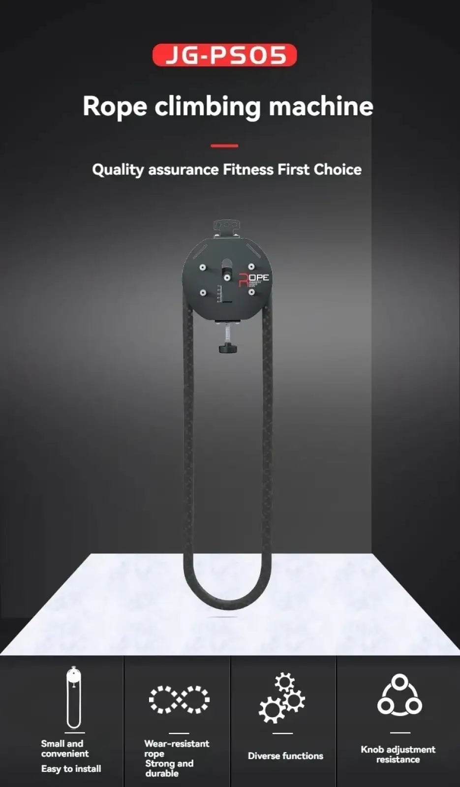 Black jg-ps05 commercial rope climbing machine with adjustable resistance, sleek circular top unit, and wear-resistant belt
