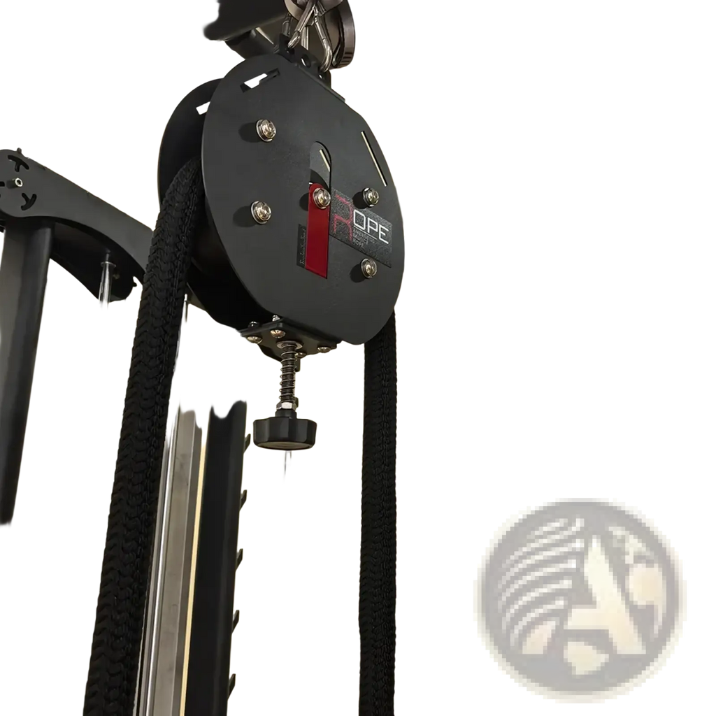 Black OPE brand commercial rope climbing machine cable pulley with textured black rope and metallic hardware