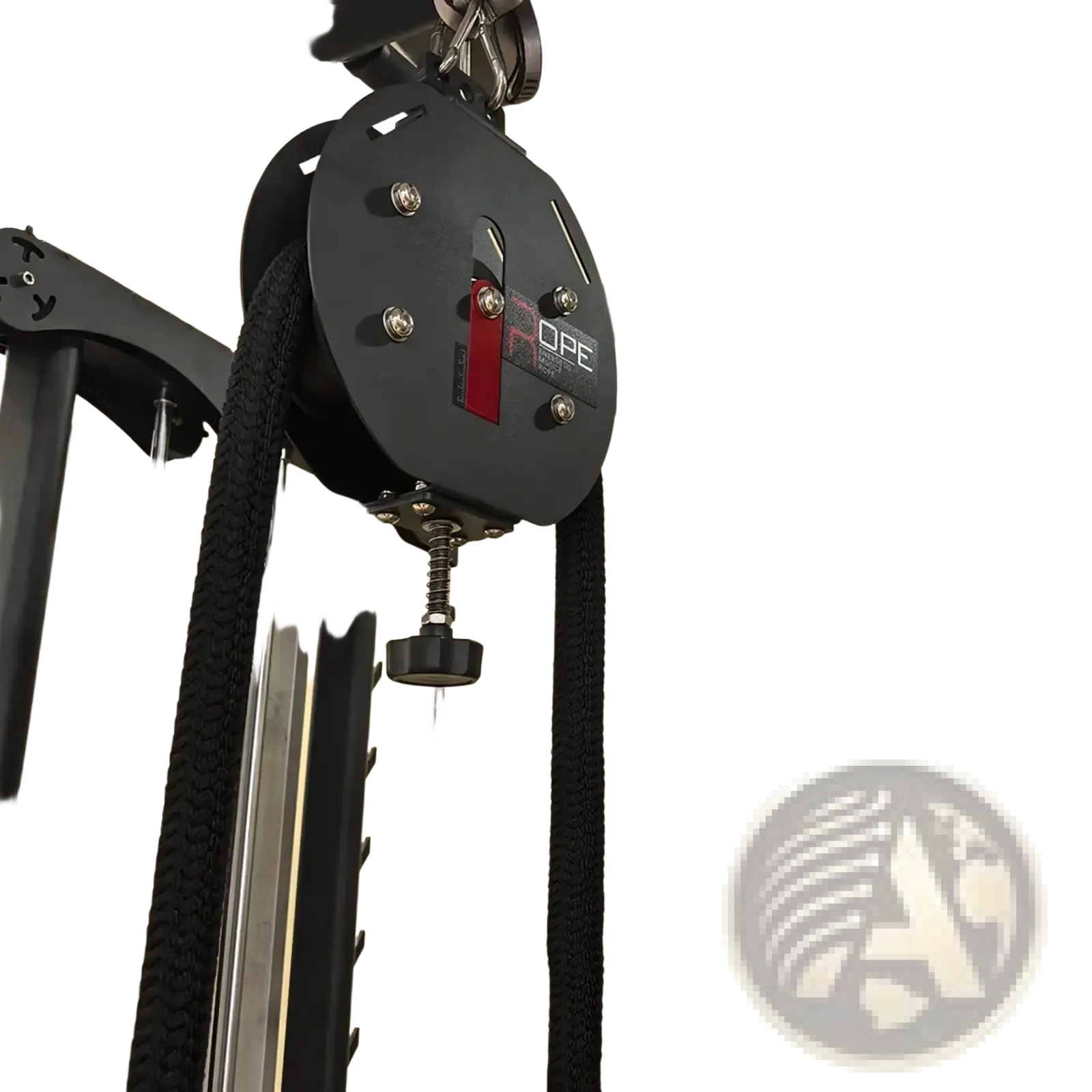 Black OPE brand commercial rope climbing machine cable pulley with textured black rope and metallic hardware