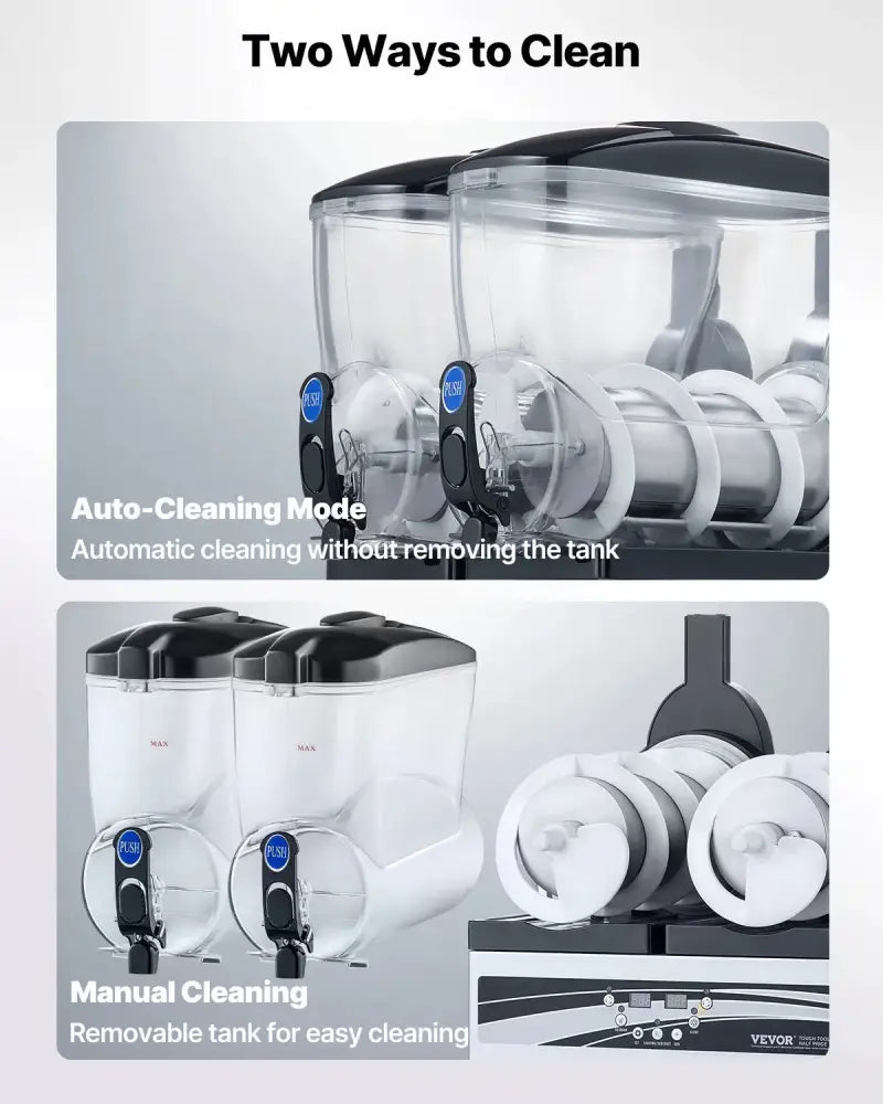 Clear plastic dual tank 15l commercial slushy machine with black lids and blue digital controls for auto manual cleaning
