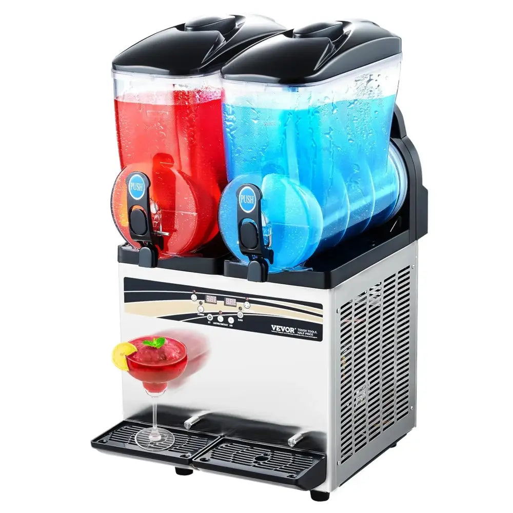 Stainless steel and black dual tank 15l commercial slushy machine with red and blue liquid dispensers