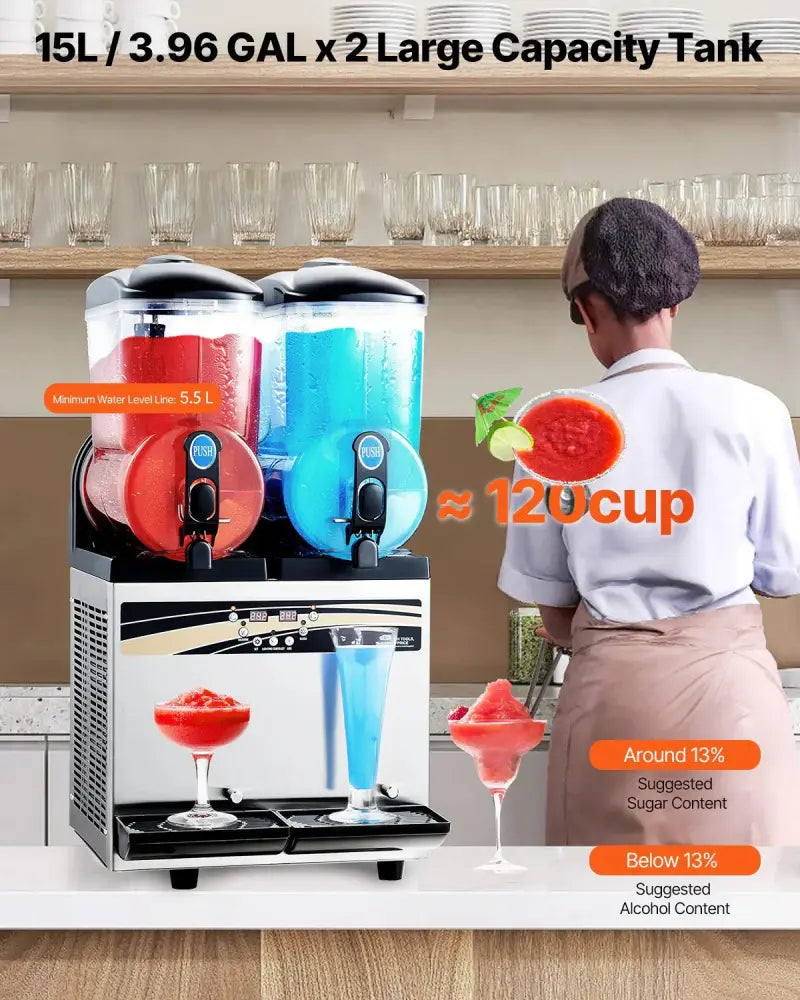Dual tank 15l commercial slushy and frozen drink machine with dual-topped stainless steel body and red blue translucent tanks
