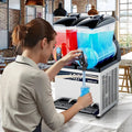 White and black Vevor dual tank 15l commercial slushy machine with two transparent tanks holding red and blue liquids