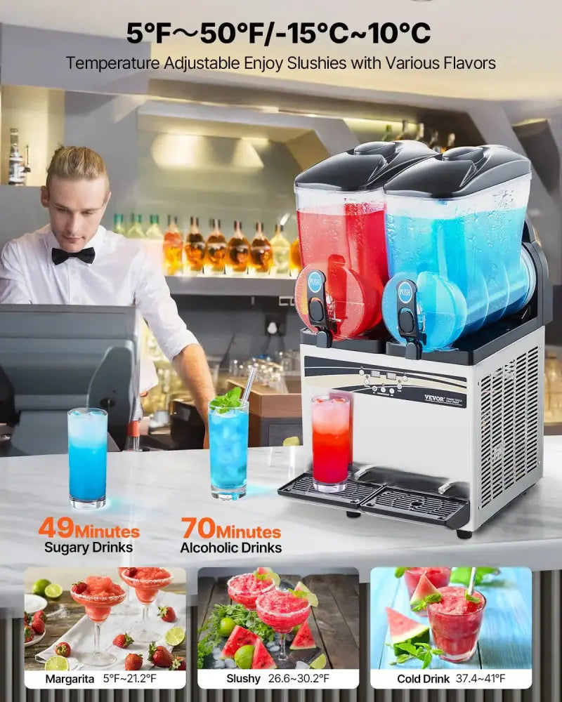 Vevor dual tank 15l commercial slushy machine with two transparent tanks filled with red and blue liquid and black lids