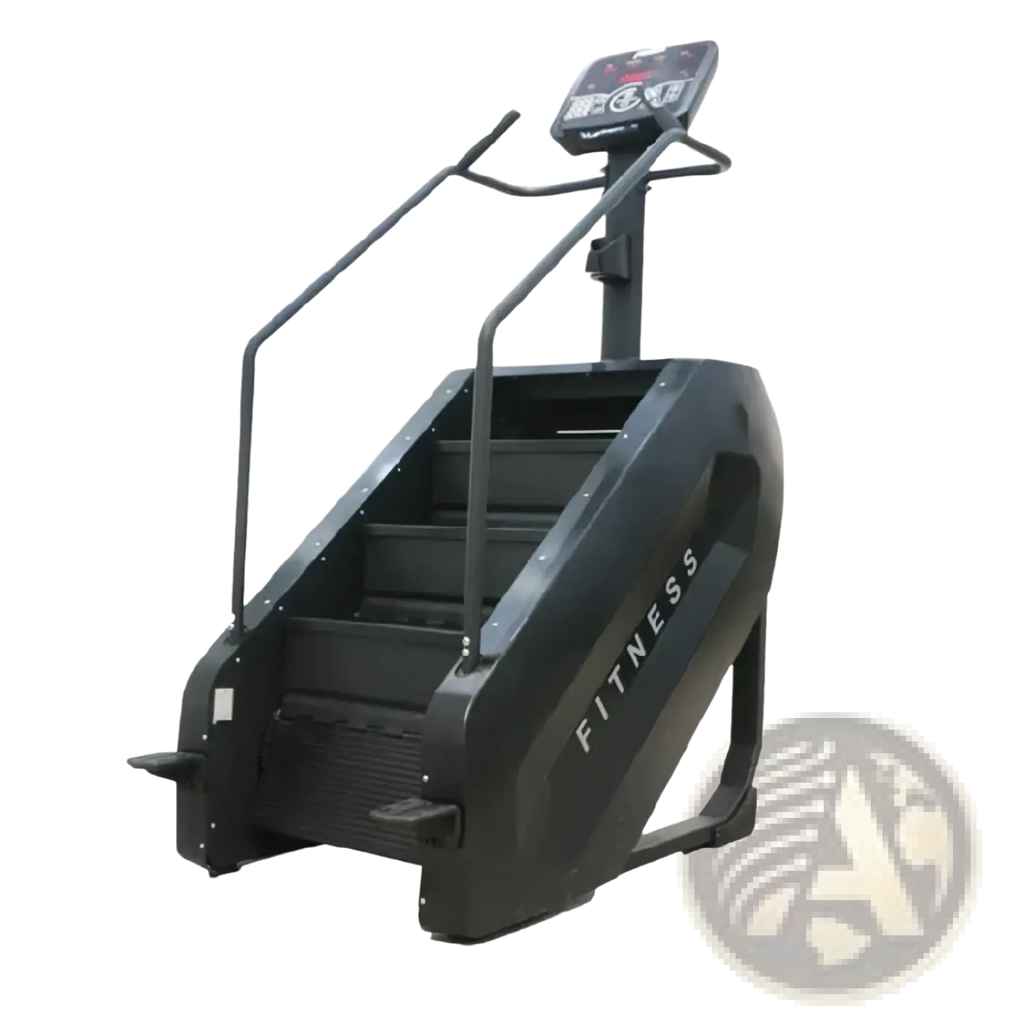 Black commercial stair climber machine cardio stepmill with digital display and metal handrails for fitness use
