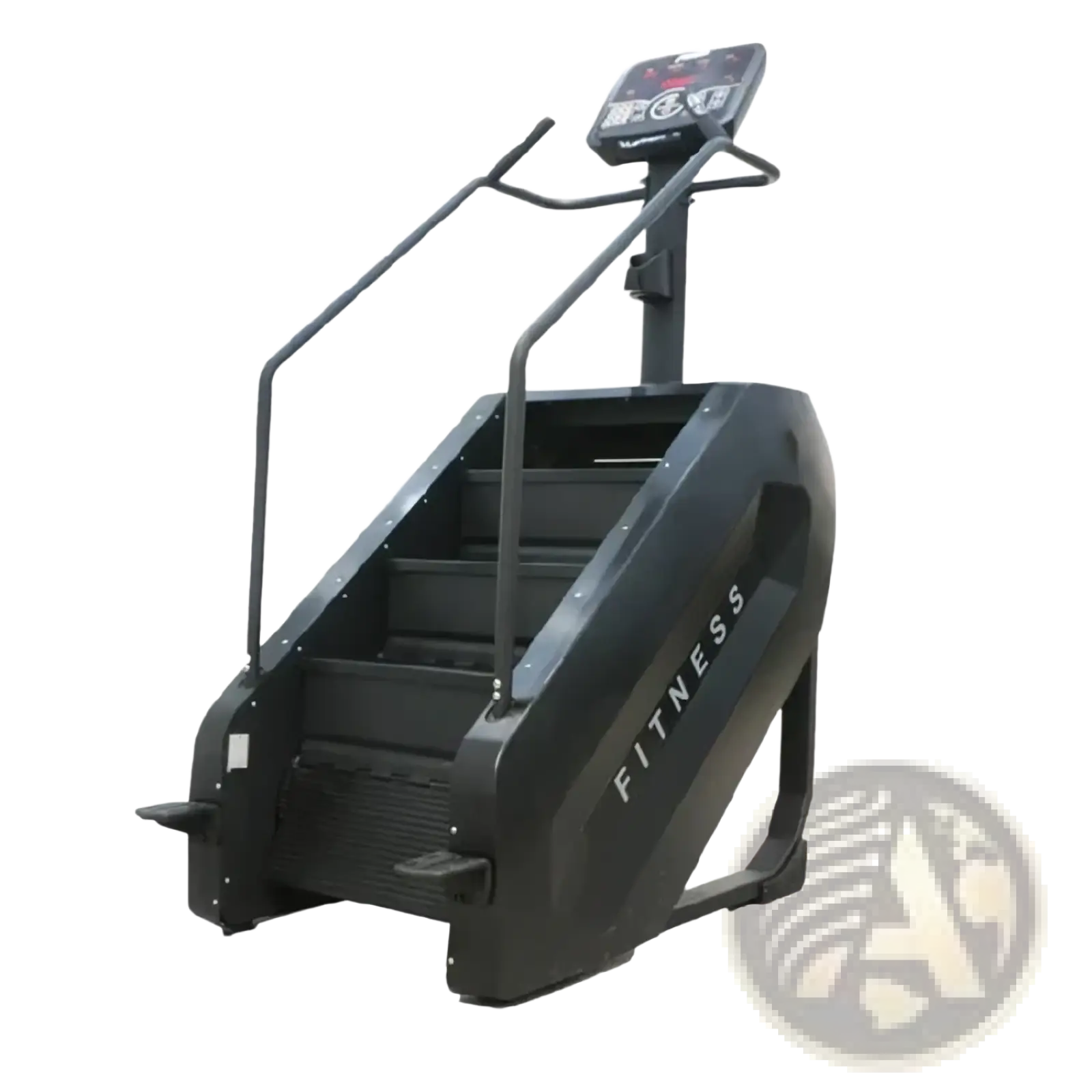Black commercial stair climber machine cardio stepmill with digital display and metal handrails for fitness use