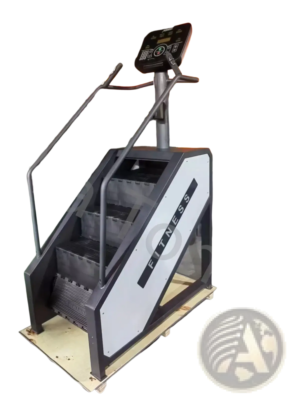 Black and gray commercial stair climber machine cardio stepmill with digital display panel for fitness workouts