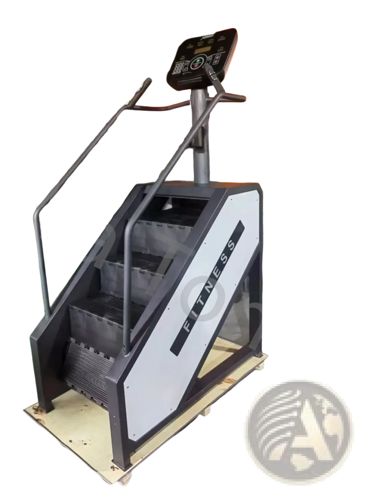 Black and gray commercial stair climber machine cardio stepmill with digital display panel for fitness workouts