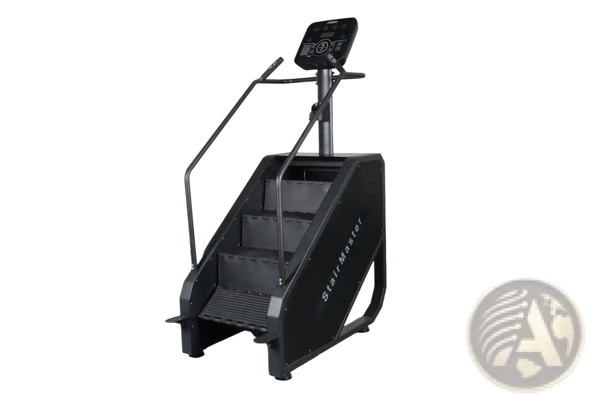 Black commercial stair climber machine with digital display and metal handrails for cardio stepmill workouts