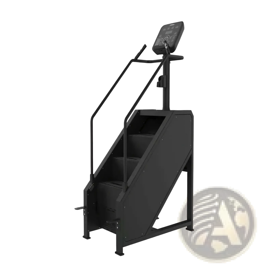 Black metal commercial stair climber machine cardio stepmill with digital display and handrails for gym use