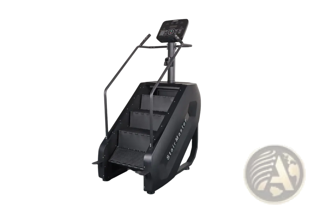 Black commercial stair climber machine stepmill with digital display and metal handrails for cardio workouts