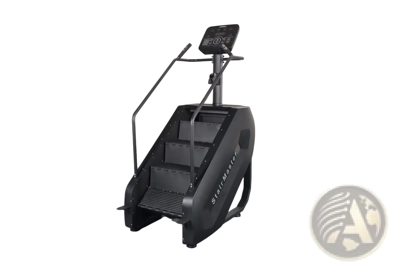 Black commercial stair climber machine stepmill with digital display and metal handrails for cardio workouts