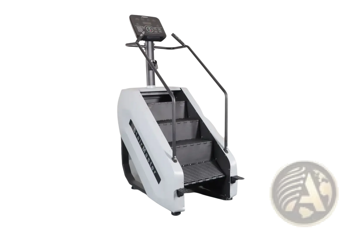 Commercial stair climber machine cardio stepmill in white and black with digital display panel for fitness workouts