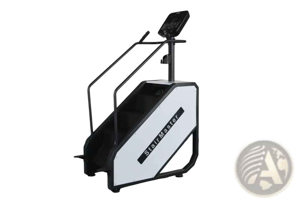 Black and white commercial stair climber stairmaster with digital display screen for cardio stepmill workouts
