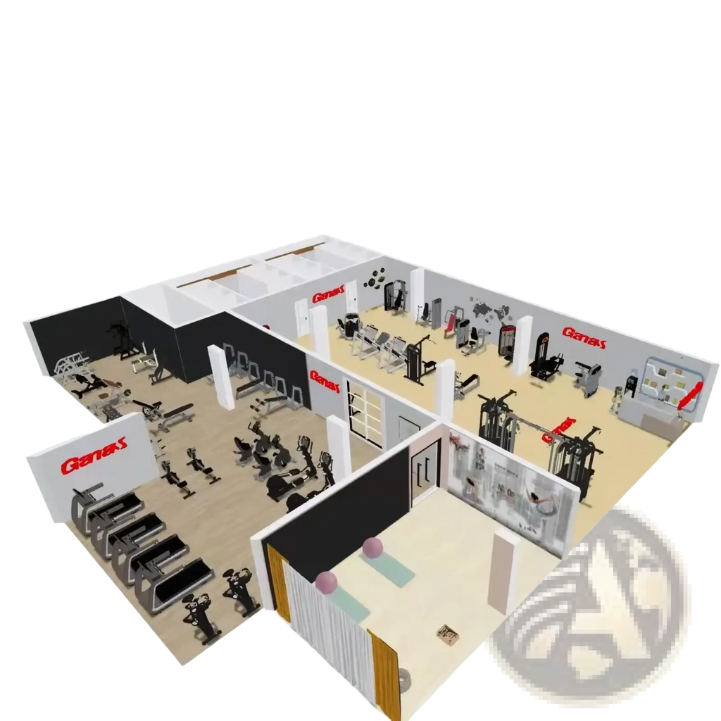 Ganax commercial strength training machine gym equipment layout with black and silver machines featuring red logo accents