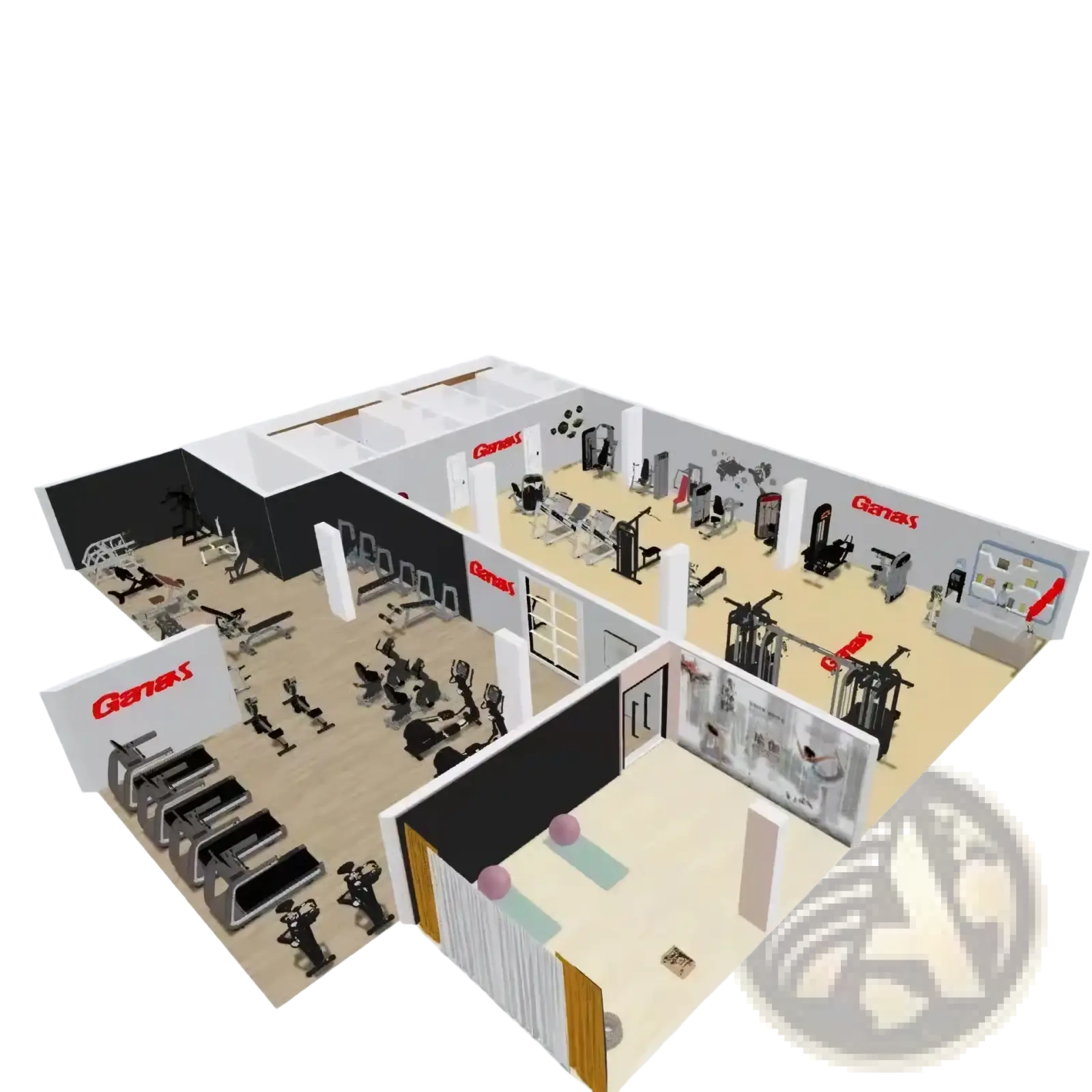 Ganax commercial strength training machine gym equipment layout with black and silver machines featuring red logo accents
