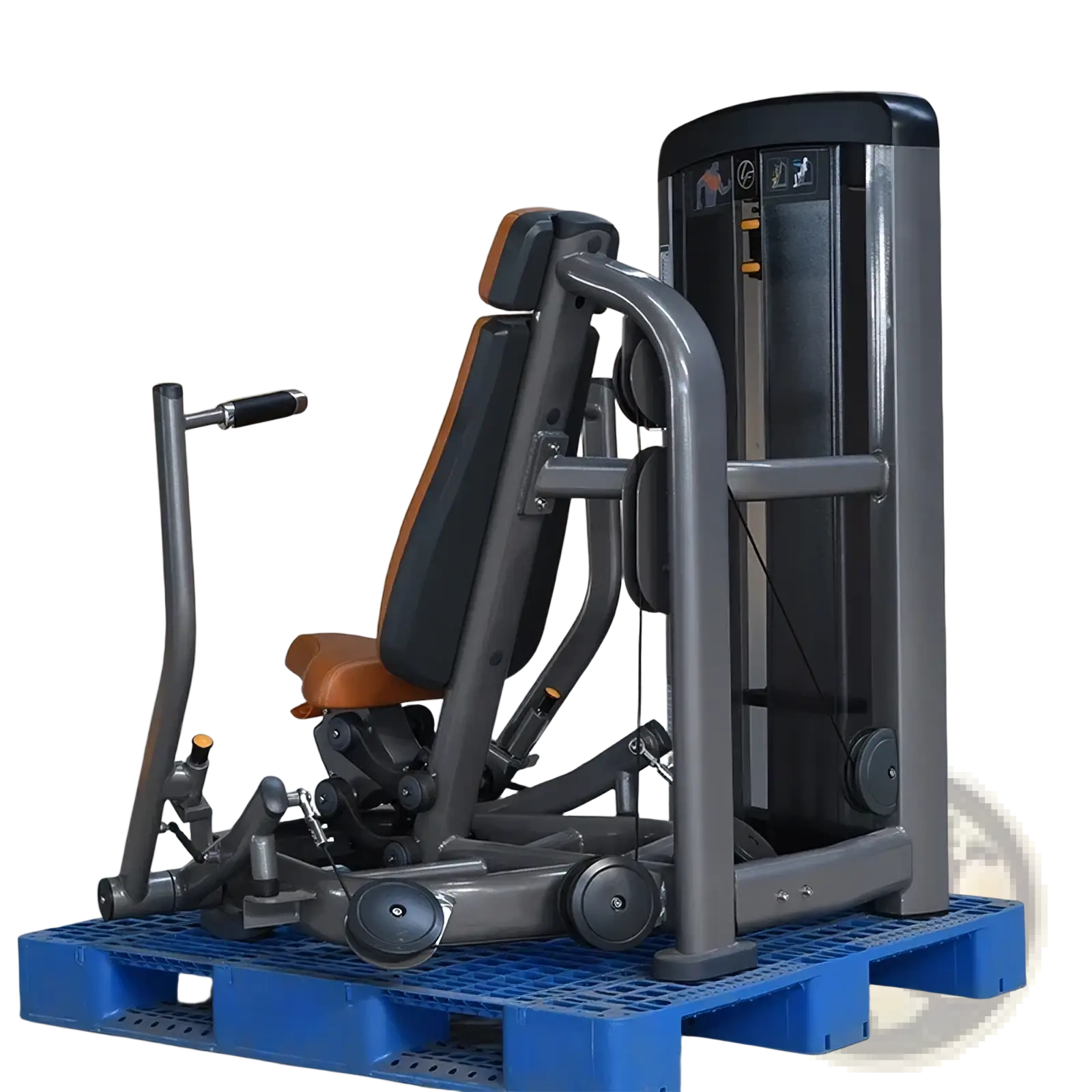 Gray and orange commercial strength training seated chest press machine with sturdy metal frame for gym use