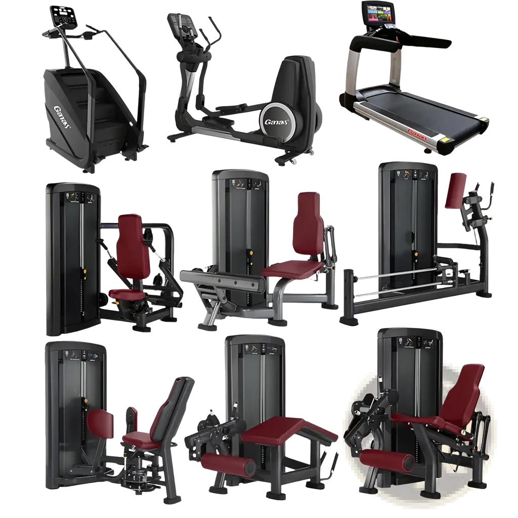Black and red ganax commercial strength training machine gym equipment featuring treadmills ellipticals stair climbers and weights