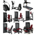 Black and red ganax commercial strength training machine gym equipment featuring treadmills ellipticals stair climbers and weights